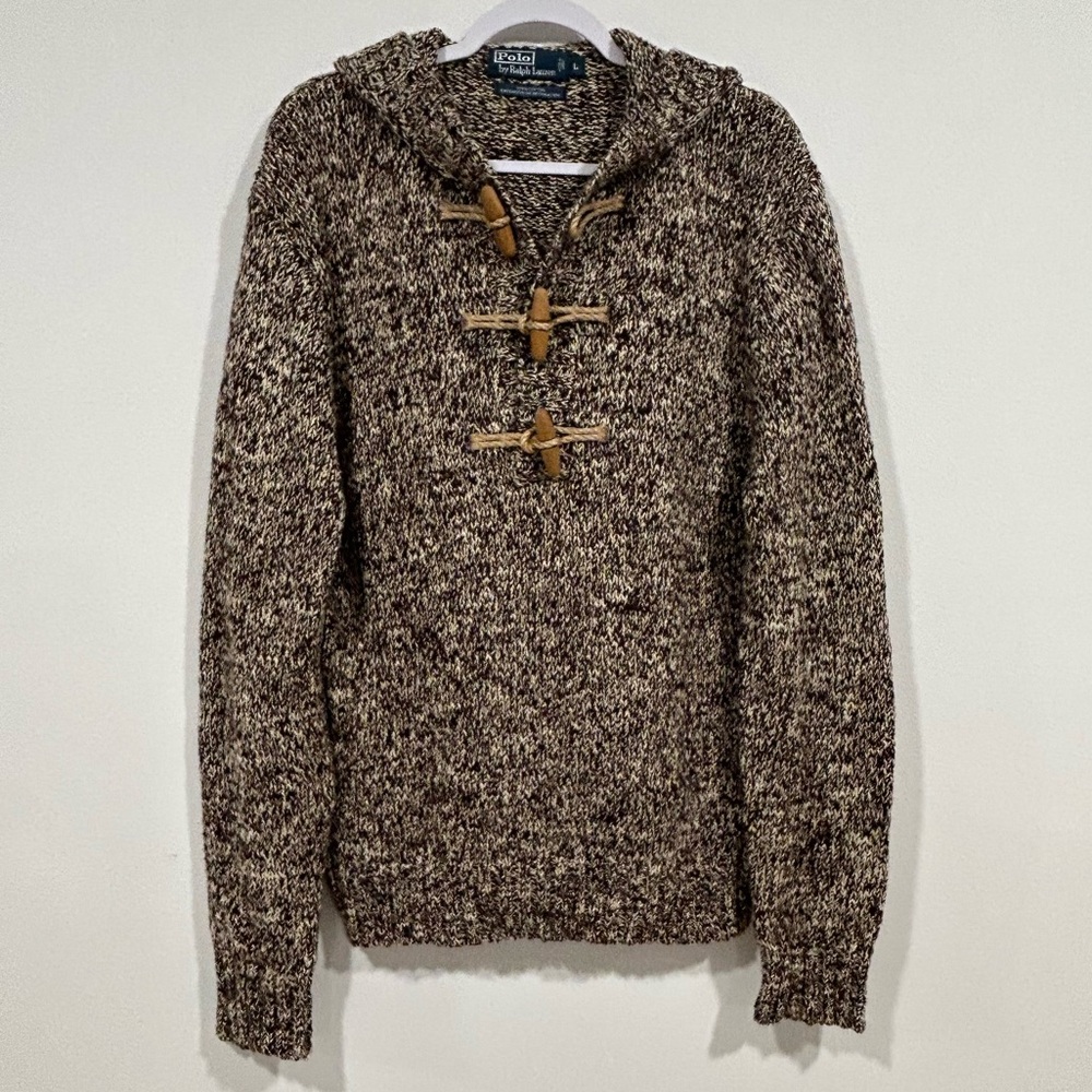 VTG 90s Polo Ralph Lauren 100% Cotton Brown Knit Fisherman Toggle Sweater Sz L